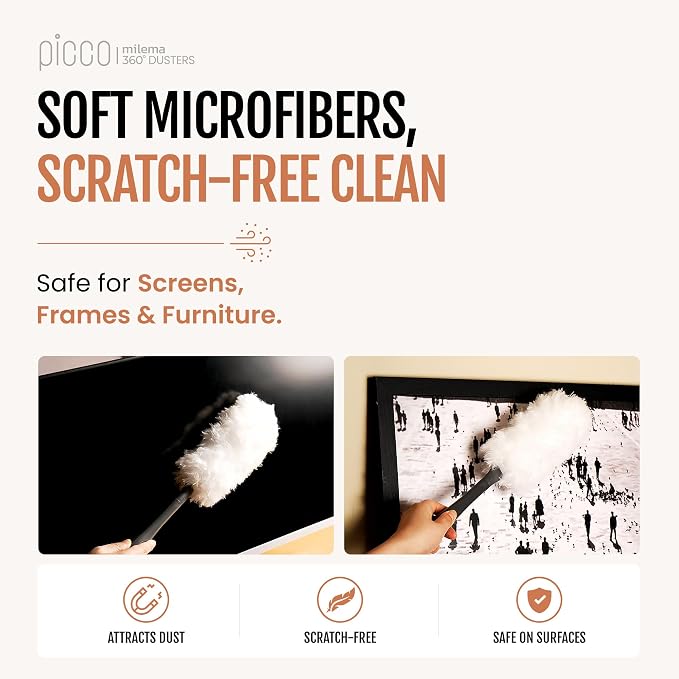 milema Picco 360 Double-Sided Duster, White, 1 Short Handle, 23 Refills | 360° Cleaning, Reaches Narrow Spaces, Disposable Microfiber Refills, Easy Dust Pickup