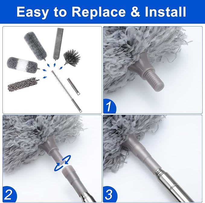 Microfiber Duster Kit (11PCS) - Washable Dusters with Extension Pole (30 to 100 in) for Cleaning Ceilings, Fans, Furniture