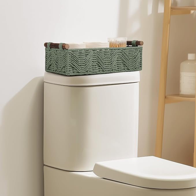 Toilet Paper Storage Basket for Bathroom Countertop Baskets for Organizing | with Handle for Bathroom Bedroom Home Decor Small Basekt for Shelves Apartment Countertop Use,Green