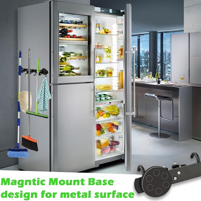 Strong Magnetic Mop Broom Holder, Heavy Duty Magnetic Mop Hanger for Refrigerators, Anti-Slip Magnet Wall Mounted Broom Holder Storage Rack for Laundry Garage Kitchen Workshops Shed