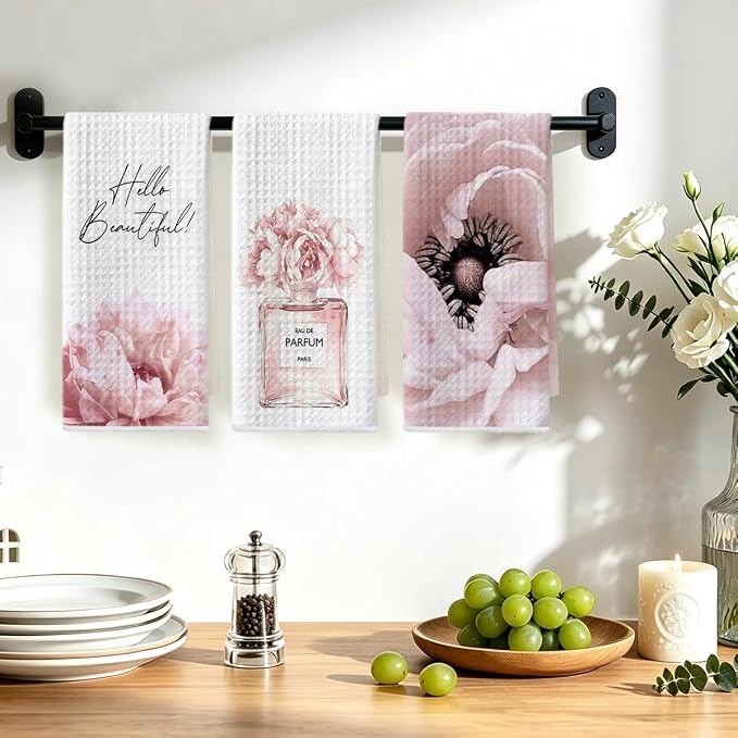 3 Pcs Pink Hand Towels, Perfume Flower Decor Reusable Dish Towels | Fashion Gifts for Women Girls Mom Friend, Waffle Weave Microfiber Towels for Bathroom Home Decor 24x14 Inch