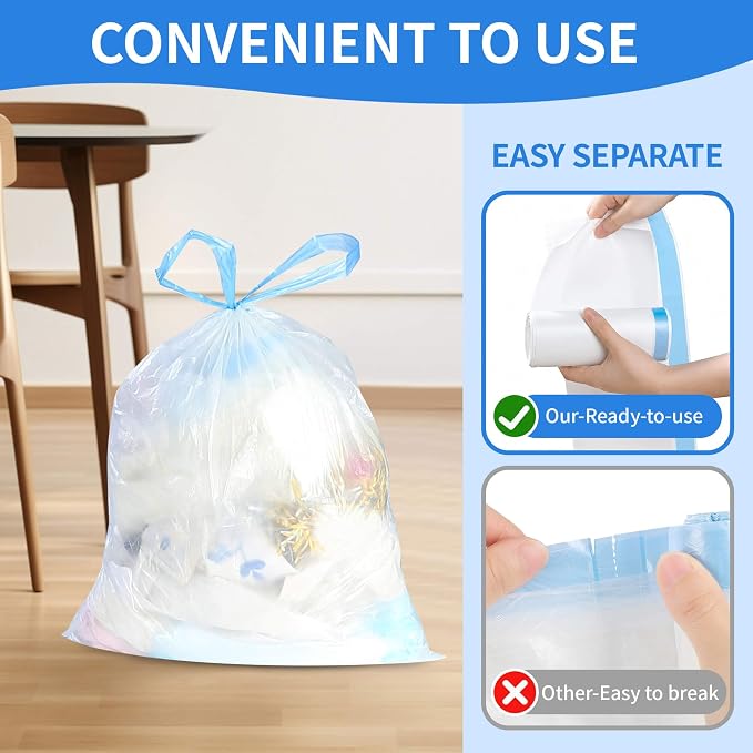 210 Count 4 Gallon Drawstring Trash Bags - Pre-Separated Easy Dispense Roll Small Garbage Bags - Beach Breeze Scent Odor Control - Leak Resistant Mini Trash Can Liners for Bathroom Office Bedroom