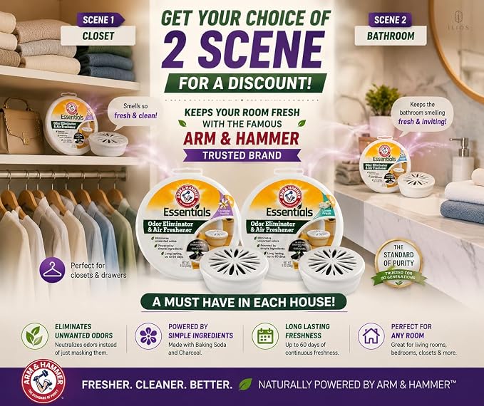 Arm and Hammer Air Freshener 2pk Bundle Lavender Vanilla & Linen Fresh 8oz | 2 pack Closet Air Freshener Essentials, Room and Closet Odor Absorber and Eliminator with Baking Soda and Activated Charcoal