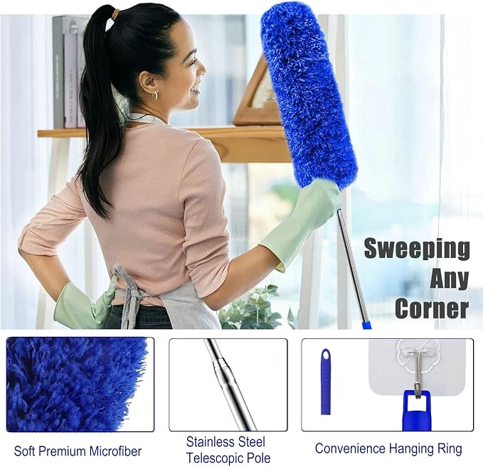 Microfiber Duster Kit High Reach Ceiling Fan Duster with Extendable Pole 100" Telescoping Cobweb Duster for Cleaning, Bendable Head Washable Duster for Ceiling, Fan, Furniture
