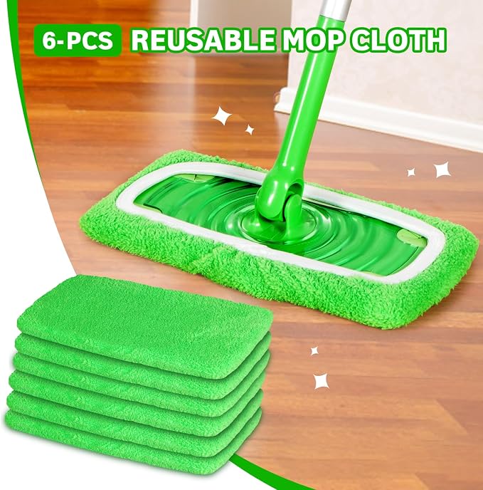 6 Pack Reusable Microfiber Mop Pads for Swiffer Sweeper Mop | Machine washable for wet & dry cleaning on hardwood, tile and sealed floors. Removes dust, dirt and pet hair.