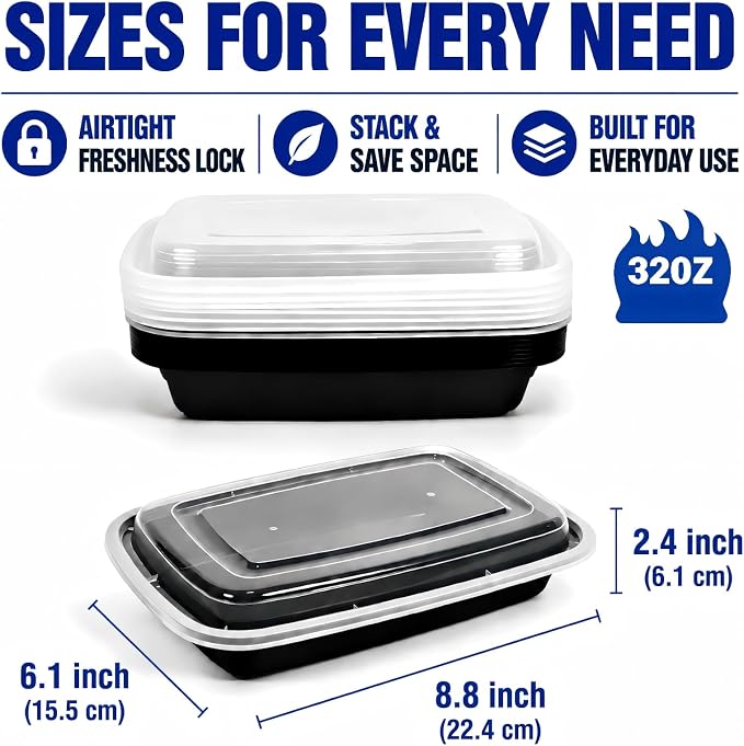 50 Pack 32 oz Meal Prep Containers Reusable BPA Free, Plastic Containers with Lids Microwave/Freezer/Dishwasher Safe, Disposable Food Storage Containers, To Go Containers Leakproof for Leftover