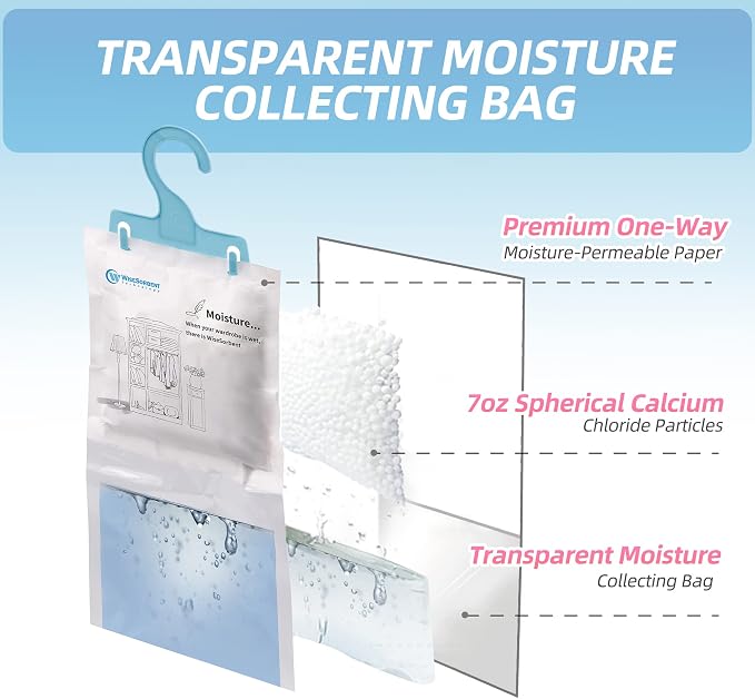 Wisesorb 12 Pack Moisture Absorbers Packets, 7 oz Hanging Closet Dehumidifier Bags, Hanging Humidity Absorber for Closet, Bedrooms, Bathrooms