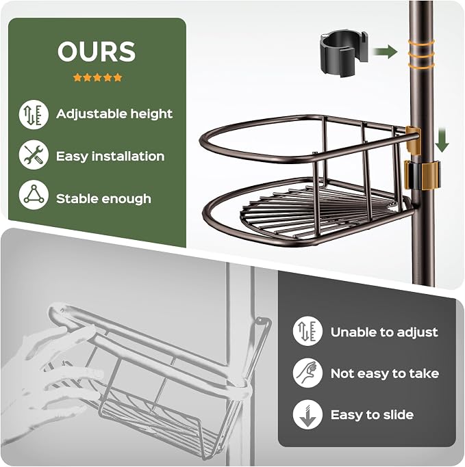 HAMITOR Corner Bathroom Organizer, 4-Tier Tension Pole Shower Caddy, Bronze | Rust-Resistant Adjustable Shelves, No-Drill Quick Install, Space-Saving Bathtub Storage For Renters, Families 47.7-123.7In