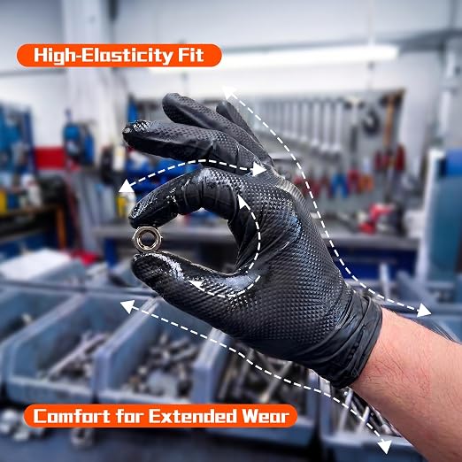 10 Mil Heavy Duty Mechanic Nitrile Gloves, Large Black 200 Count | Diamond Grip,Latex Free,Chemical Resistant Disposable Thick Rubber Gloves for Auto Repair, Industrial, Food, Work ,BBQ,Men