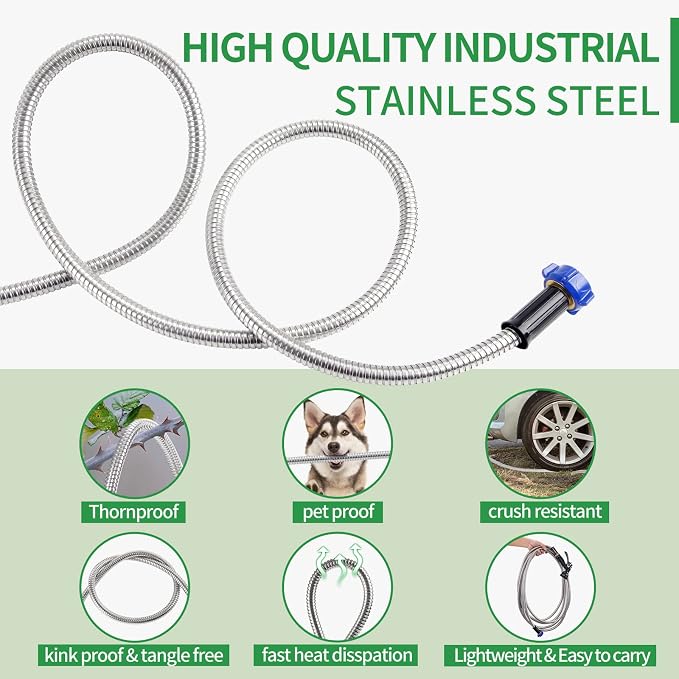 304 Stainless Steel Garden Hose, 25 ft Metal Garden Hose with 3/4" Connector Fittings and Sprayer, Heavy Duty Kink Free Flexible Outdoor Water Hose, Blue