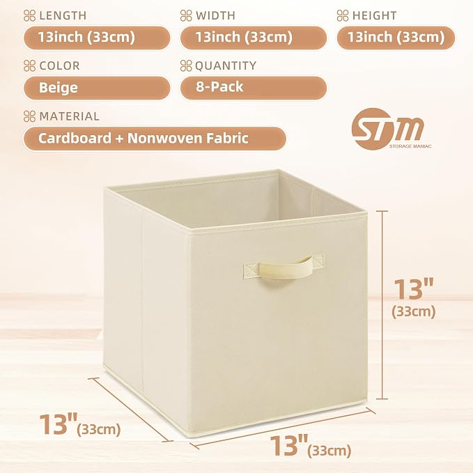 STORAGE MANIAC Storage Cubes, 13 Inch Collapsible Storage Bins with Handles, 8 Pack Fabric Foldable Bins for Organization, Durable Storage Bins for Closet, Shelves, Offices, 8-Pack Beige