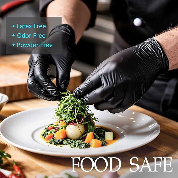 Black Disposable Nitrile Gloves, 6Mil 100 Pcs Food Safe Cooking Gloves Latex Free Rubber Gloves for Cleaning Exam
