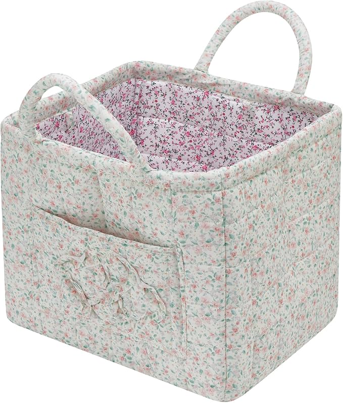 Quilted Fabric Storage Basket with Handles & Pocket, Foldable Laundry Hamper Boho Floral Print Organizer Bin for Home, Picnic, Office 12"x10"x10" (A-1)
