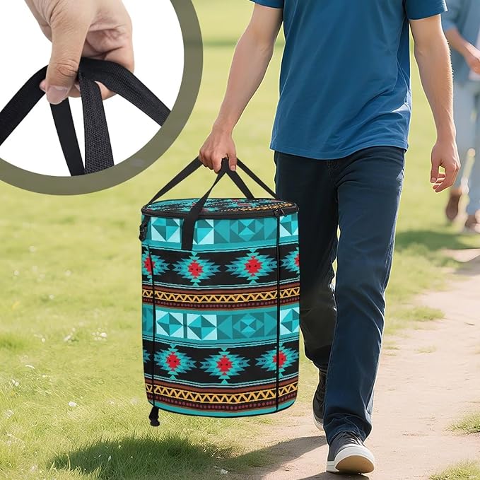 24 Gallon Large Capacity Collapsible Trash Can with Lid and Handles, Garden Leaf Bin Foldable Camping Trash Can for Yard Outdoor Picnics Blue Navajo Tribal Geometric Print
