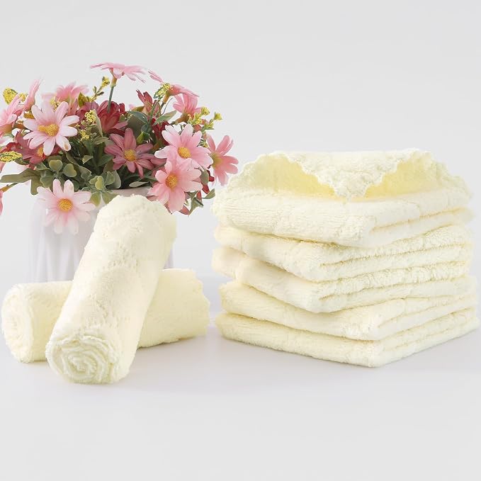 Homaxy 12 Pack Super Soft & Absorbent Dish Cloths, 10" x 10", Cream Yellow | Coral Velvet, Nonstick Oil Fast Drying Microfiber Cleaning Cloth, No Lint Household Dishcloths