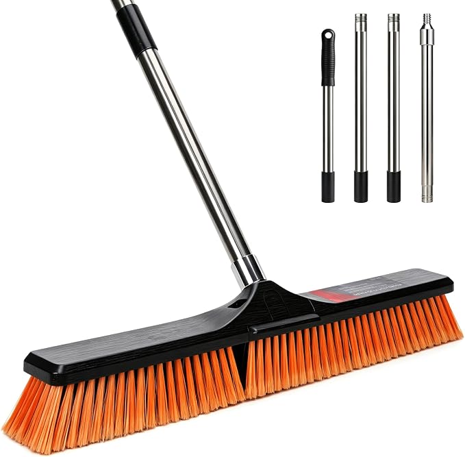 24" Push Broom, Heavy Duty Outdoor Commercial Broom for Cleaning, Orange | Industrial Broom with 55" Long Handle Stiff Bristles, Garden Brush Broom for Driveway Garage Yard Warehouse Floor Cleaning
