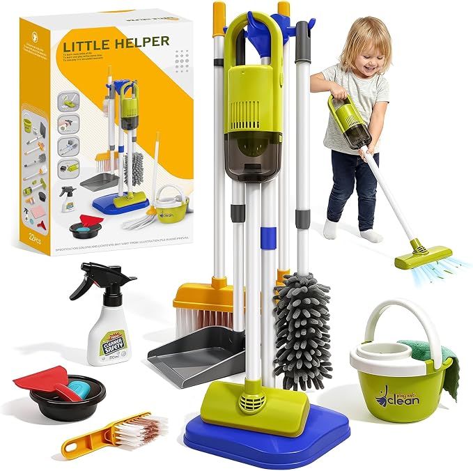 Dreamon Toddler Cleaning Set - 14Pcs Kids Cleaning Toy Set with Kids Vacuum | Blue Pretend Home Cleaning Play Set for Toddler Age 3-7, Toddler Vacuum Toy that Works,Christmas Birthday Gift for Girls Boys