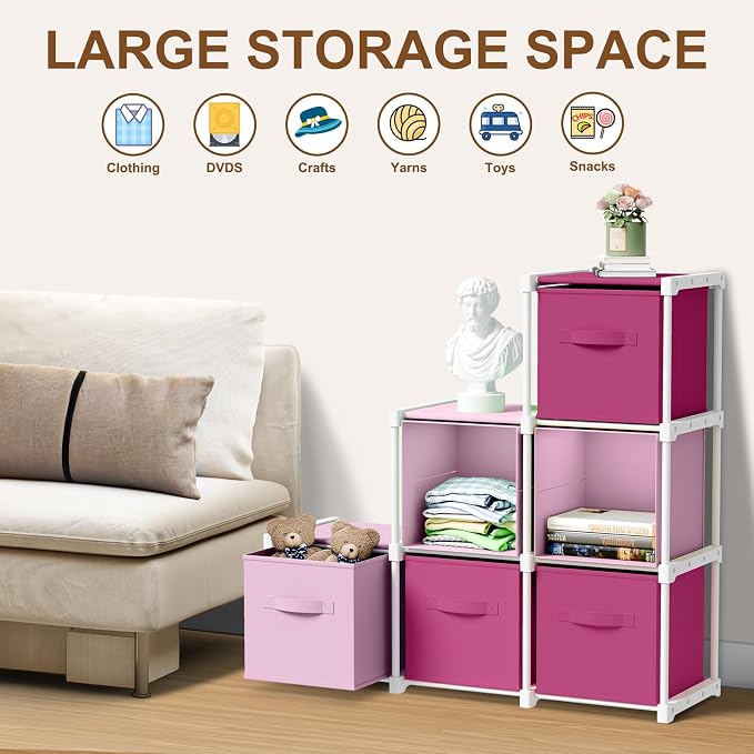 Briwooody 6 Cube Storage Organizer Bins with Shelf, Pink,Rose | 11x11'', Storage Organizer, Toy Storage Box, Back to School, Dorm Organizer, Fabric Drawers, Playroom Bedroom Storage Cabinet