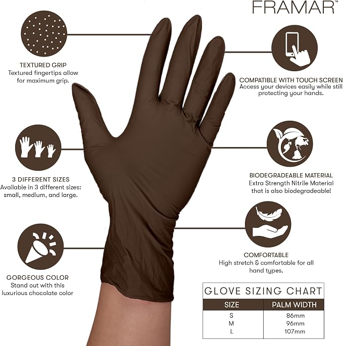FRAMAR Mocha Mittens Nitrile Gloves, Latex Free Disposable Gloves Small 100 | Powder Free 9-Inch Brown Gloves With Snug Small Fit, Micro-Textured Grip For Hairstylists, Nail techs, Estheticians & Tattoo