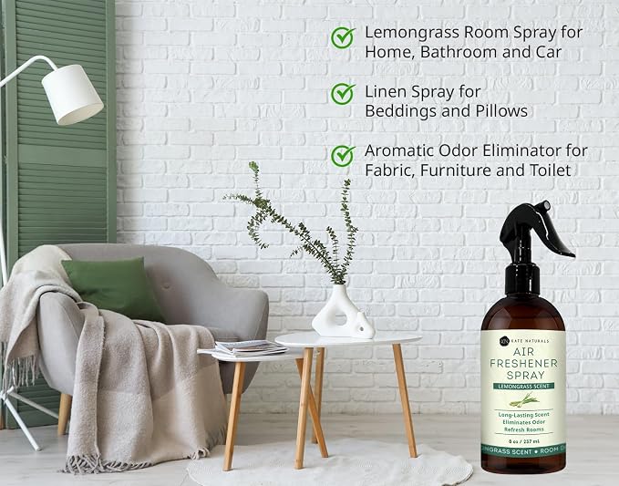 Kate Naturals Lemongrass Air Freshener Spray for Home, 8 fl oz | Pet Safe, Non-Toxic, Essential Oil Odor Eliminator Room Freshener Spray for Pillows, Bedding, Linen