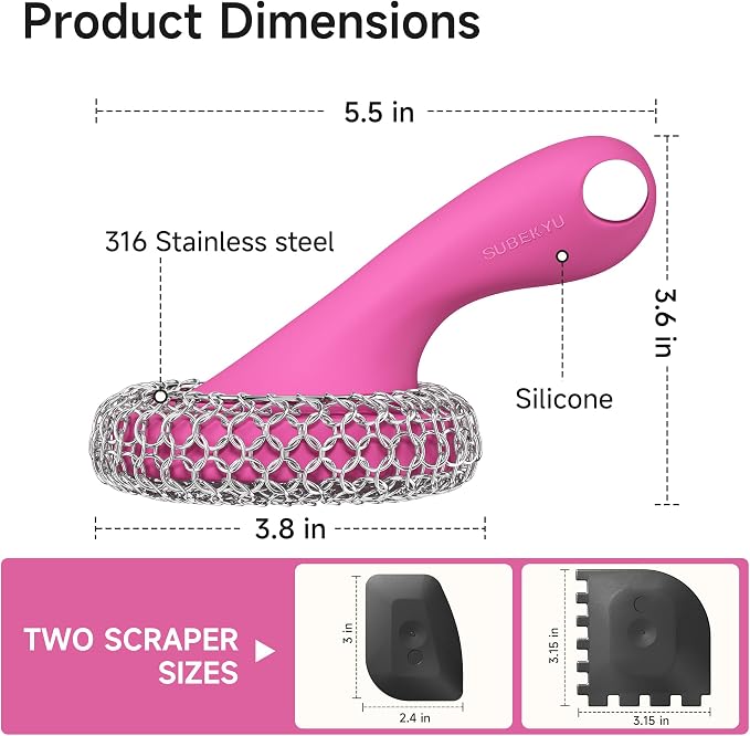 SUBEKYU Cast Iron Scrubber with Silicone Handle, Stainless Steel Skillet Cleaner for Cast Iron Pans (Pink Scrubber + Scraper)