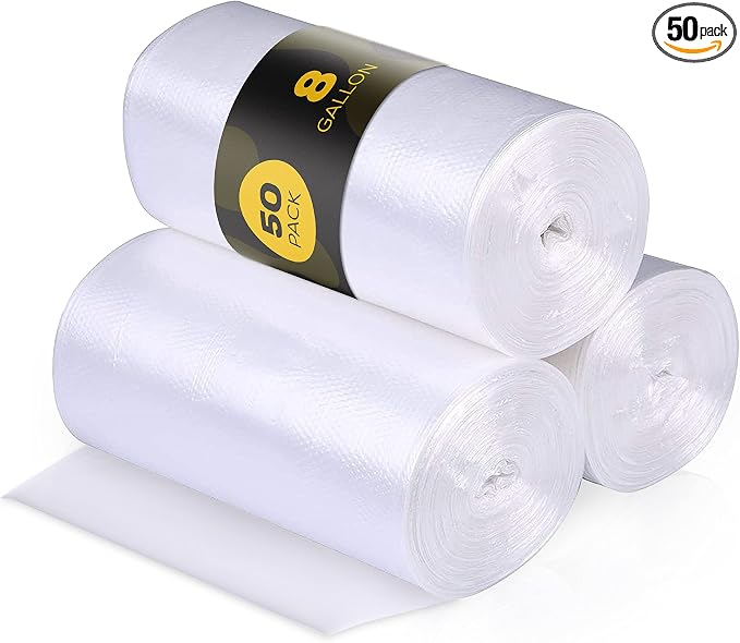50 Small to Medium 7-8-9-10 Gallon 24" x 24" Clear Garbage Bags - Commercial Waste Basket Trash Bags | Bulk Plastic Bathroom Trash Can Liners | Office Shredder Bags