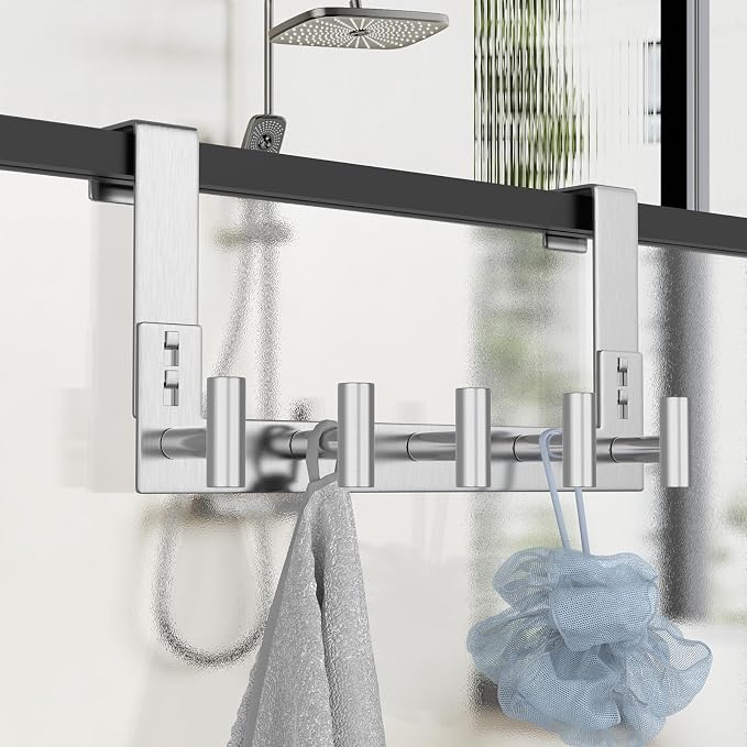 PMMASTO Door Hanger for 1-3/4 Inch Doors, Silver- 5 Hooks, T Shape | Stainless Steel Door Hooks Organize Coats Towels Robes in Bathrooms Bedrooms Closets