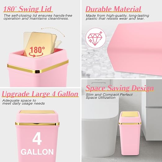 3 Pack Bathroom Trash Can with Lid 4 Gallon Small Trash Can with Swing LidBathroom Garbage Can with 225 Counts Trash Bags for Kitchen Bedroom Office(White Pink Green)