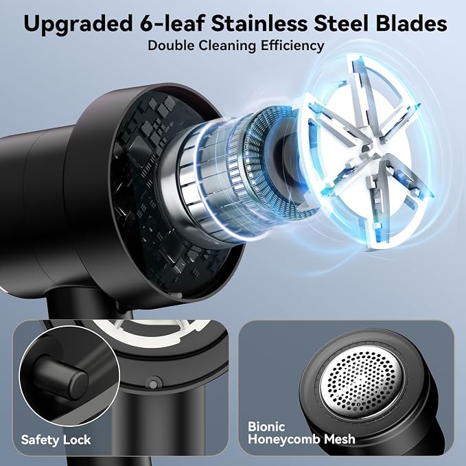 Rechargeable Fabric Shaver, 6-Leaf Blades, LED Display, 3 Speeds | Portable Lint Remover Easy to Remove Pilling, Fuzz & Lint Balls from Clothes, Sweater, Couch, Blanket, Furniture, Coat, Black