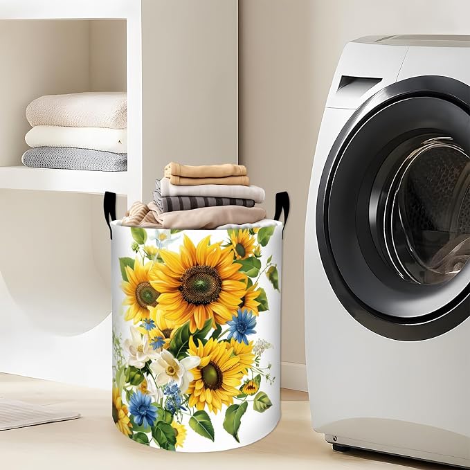 Vibrant Sunflower and Blue Daisy Laundry Basket with Handles, 19.7"x15.7" Clothes Foldable Laundry Hamper Organizer for Dorm Nursery Bedroom Bathroom Decor, Toy Storage Bin for Kids