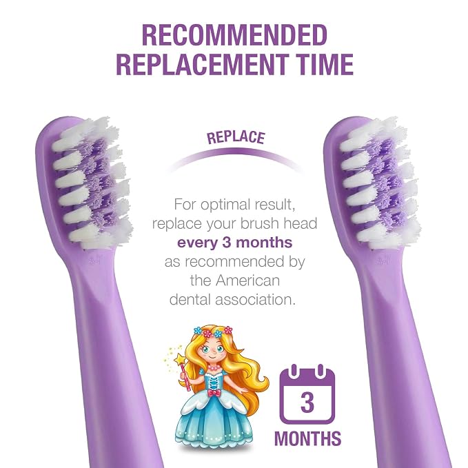 Vekkia Princess Electric Toothbrush Replacement Heads Purple (4 Pack) | 7X More Plaque Removal/End-Rounded 3D Curved Soft Bristles/Comfortable & Efficient Clean Teeth/Perfect for Kid Small Mouth,