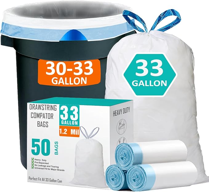 33 Gallon Drawstring Trash Bags 50 CT Compatible with Brute 32 Gallon Can | 1.2 Mil THICK Heavy Duty for 30 32 33 Gallon Round Trash Can Tear & Leak Resistant