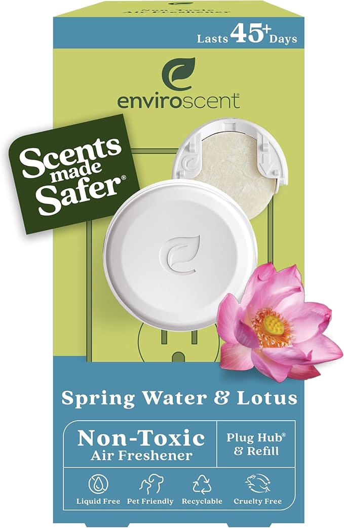 Enviroscent Non-Toxic* Air Freshener Plug-In Plug Hub® Kit for Home, 1 Pack | Non-Toxic* Air Freshener w/ Spring Water & Lotus Scent | Fits Standard Outlets for Daily Use | Pet-Friendly w/ Paper Refill