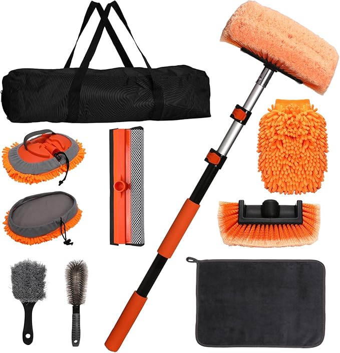 60" Extendable Car Wash Brush Kit with Long Handle | Scratch-Free Car Wash Brush, Chenille Car Mop, 2-in-1 Windshield Squeegee, Wheel Brush for Cars, Trucks Exterior Cleaning