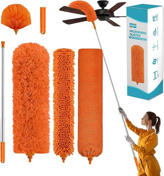 Cobweb Duster with Extension Pole,Cleaner Outdoor 110" Telescoping Extended Sspider Brush, Dusting Kit,Long Handle Reach for High Ceilings and Fans,Microfiber Webster Remover Tools Feather Dusters