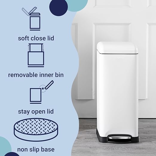 happimess Betty 8 Gal Step Trash Can Soft-Close Lid, Cotton White | Fingerprint Resistant, Removable Liner, Semi-Rectangular, Steel Pedal, Iron Powder Coated, 27" Height, Non-Skid Base