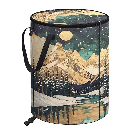 Mountain Lake Printed Outdoor Trash Can with Lid Large Collapsible Trash Can for Car Waterproof Garbage Bags for Bedroom, Yard, Camping, Picnic Home Decoration
