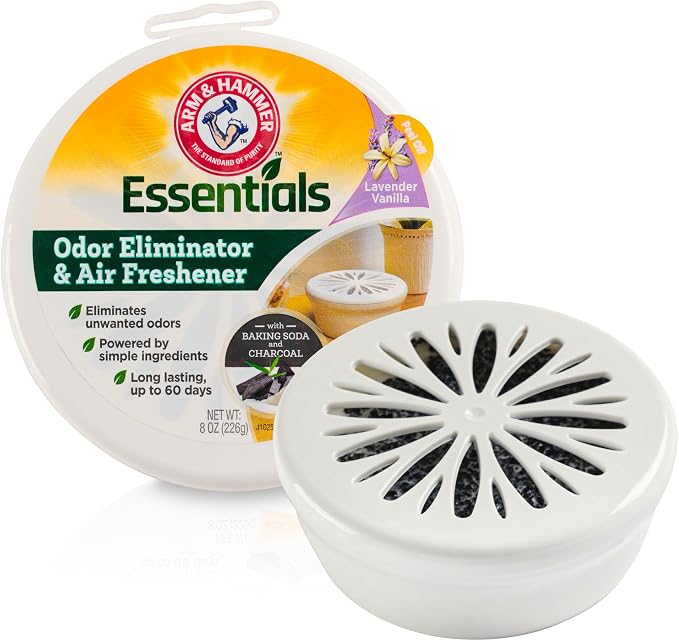 Arm and Hammer Air Freshener Essentials, Odor Absorber Lavender Vanilla 8oz | 1 piece Closet Air Freshener Essentials, Room and Closet Odor Absorber and Eliminator with Baking Soda and Activated Charcoal