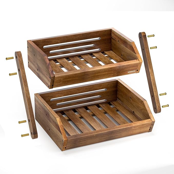 G.a HOMEFAVOR 2-Tier Acacia Wood Fruit Basket for Kitchen, Self-assembly | Large Fruit Bowl for Kitchen Countertop, Fruit Stand Storage Holder for Vegetables and Snack Home Organizer