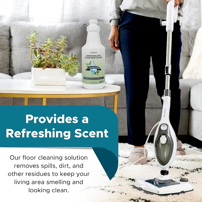 Steam & Go Demineralized Water for Steam Mop – Eucalyptus Mint Scent, 32 oz | Scented Floor Cleaner Solution, Ready-to-Use, Compatible with Any Steam Cleaner