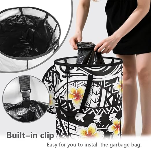 BIGCARJOB Polynesia Floral Recycle Trash Can Storage Outdoor Portable Trash Can Large Pop-Up Waste Bin Bag for Camping Beach Travel, 22.83x17.71 in