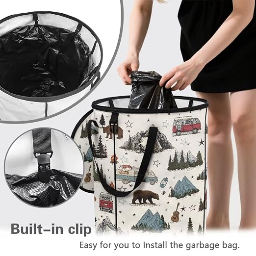 Mountain and Bus Print Camping Trash Can Collapsable 20 Gallon Large Outdoor Trash Can with Lid Waterproof Design Garbage Cans for Car Easy to Use and Clean