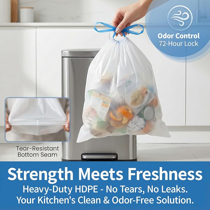 Small Trash Bags 4 Gallon Drawstring,1.1 Mil,Unscented,150 Count | Leakproof,Strong Plastic Garbage Can Liners,White,Fit 12 - 15 Liter Waste Bins,for Home Bathroom Office Car Everyday Use