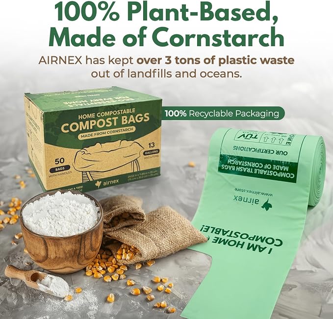 AIRNEX Compostable Kitchen Trash Bags 13 Gal - Cornstrarch Leakproof & Tear Resistant 100 Compost Bags - OK Compost Home & Seedling Certified 0.25 mm Kitchen Garbage Bags