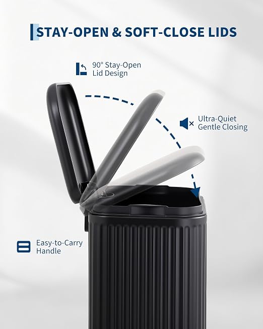 Soft-Close Step Trash Can – Black Stainless Steel Indoor Recycling Bin, Fluted Rectangular Design, Removable Inner Bucket, Waste Container for Office, Home, Bathroom – Black