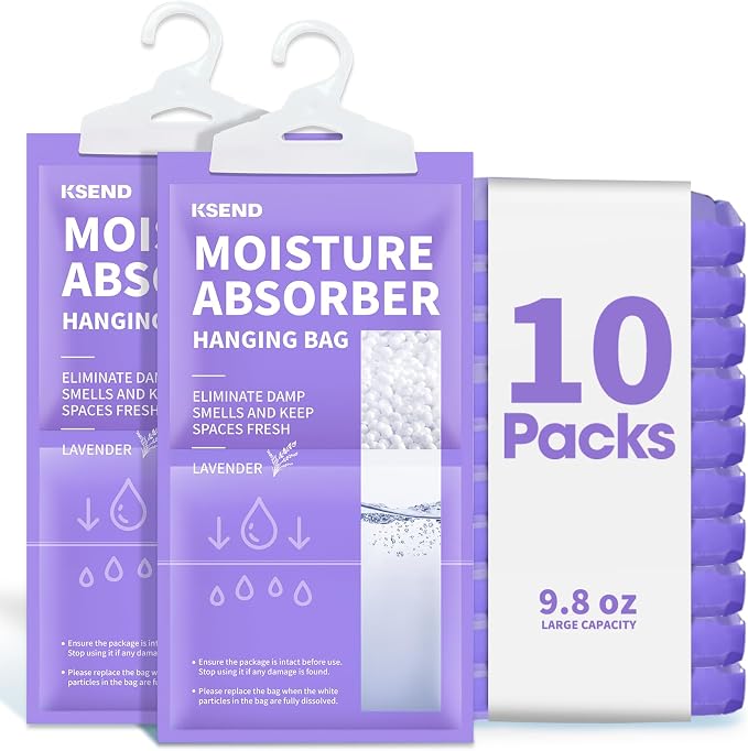 Moisture Absorber, 10 Pack Hanging, Lavender Scent | Closet, Compact Hanging Bag, Odor Eliminator, Humidity Absorber, 9.8 OZ