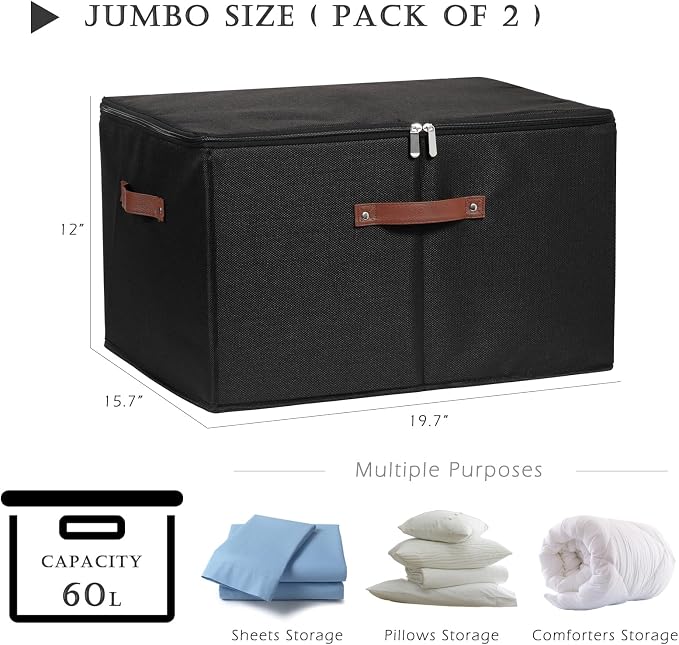 2PCS Storage Bins with Zipper Lids Decorative Lidded Basket Box | Clothes Container, Closet Shelf Organizer, Foldable Washable, Cotton Linen Fabric, w/ PU Leather Handles, Black, Jumbo