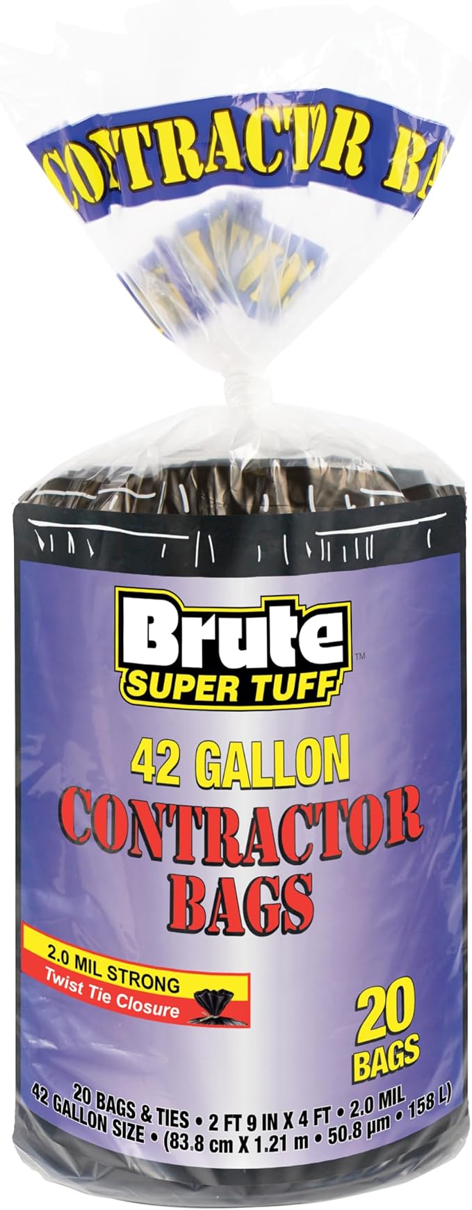 Brute Super Tuff 42 Gallon Contractor Bags, 2.0 Mil, Black, Unscented, 20ct | Heavy Duty Black Garbage Bags, Superior Rip, Tear, and Leak Protection, Twist Tie Closure, Construction Cleanup, DIY Waste