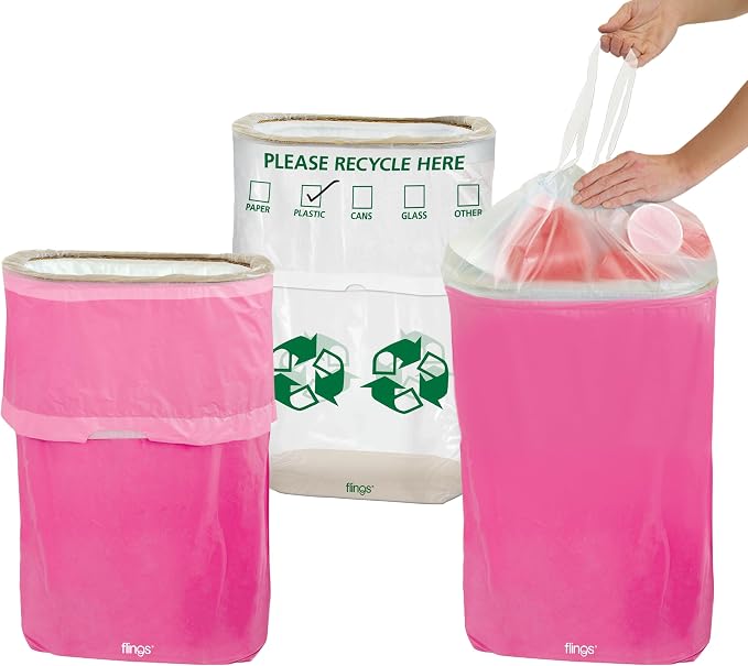 Party City Flings Plastic Bin (3-Pack) -Bright Pink (2) and Recycle (1) - 22 x 15 - Stylish & Convenient Portable Waste Solution for Events & Parties