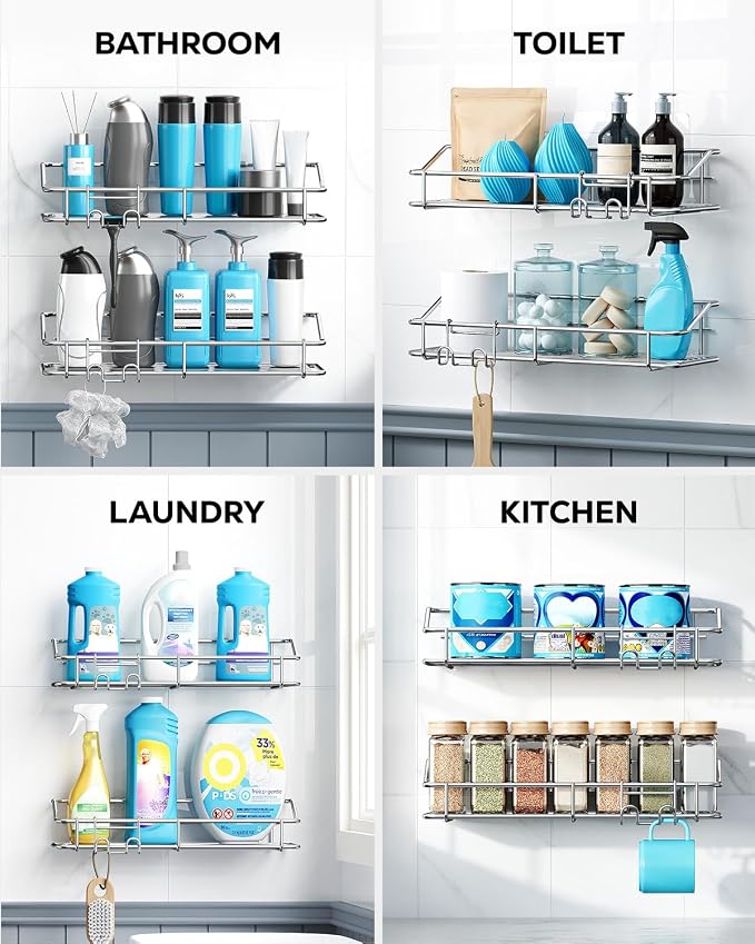 Nieifi Shower Caddy Adhesive, Shower Shelves, Shampoo Holder for Bathroom | Stainless steel, 2 pack, shower rack, shower organization, with hooks, rustproof, no drilling, razor holder, silver